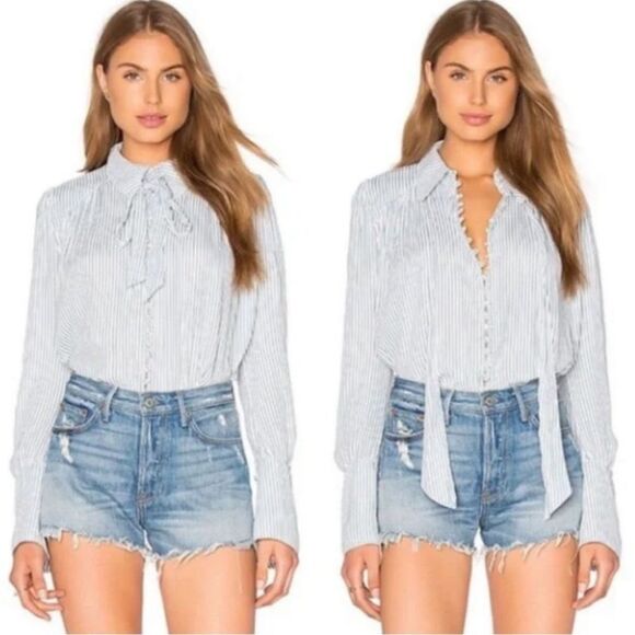 Free People The Modern Muse Striped Button Closure Tie Neck Top Boho Coastal - Picture 1 of 16